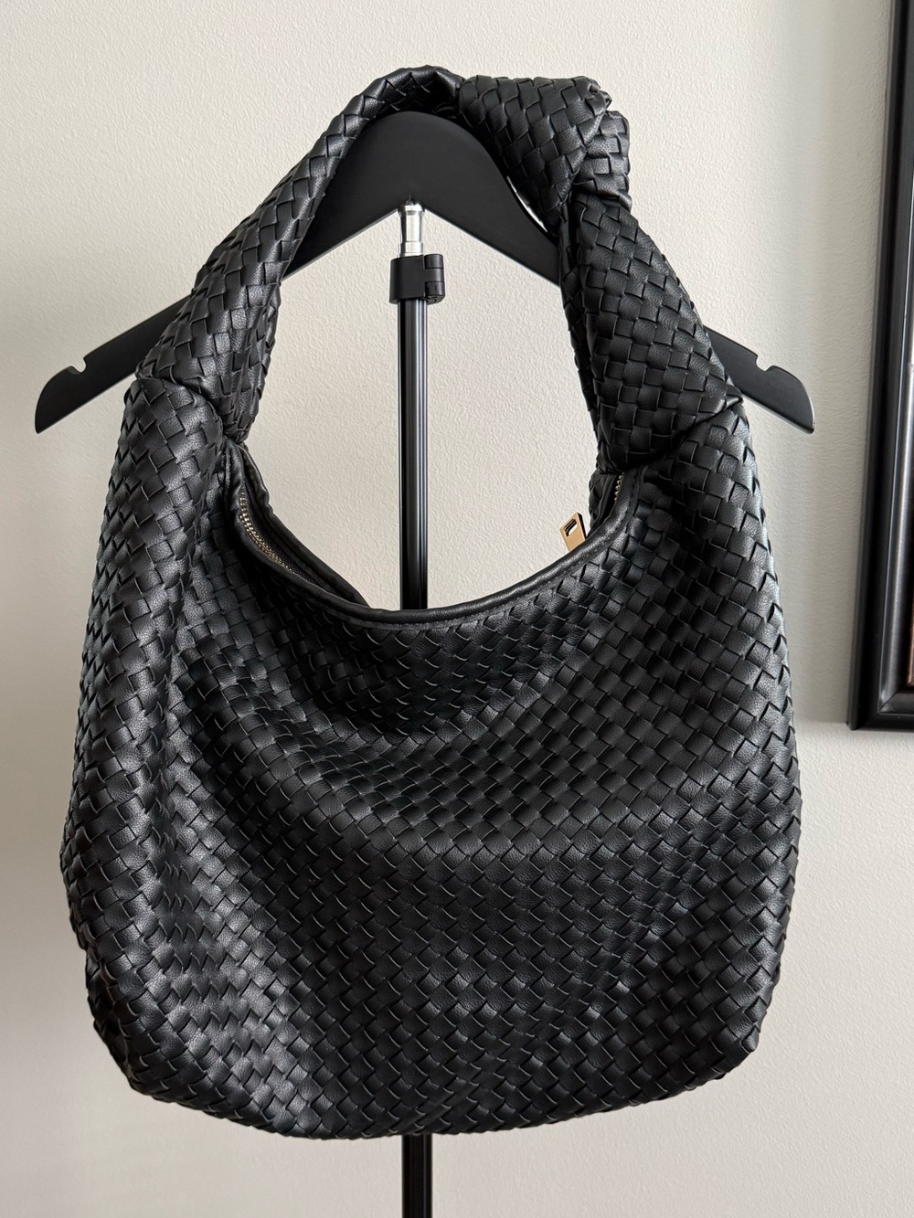 Black Woven Leather Hobo Shoulder Bag